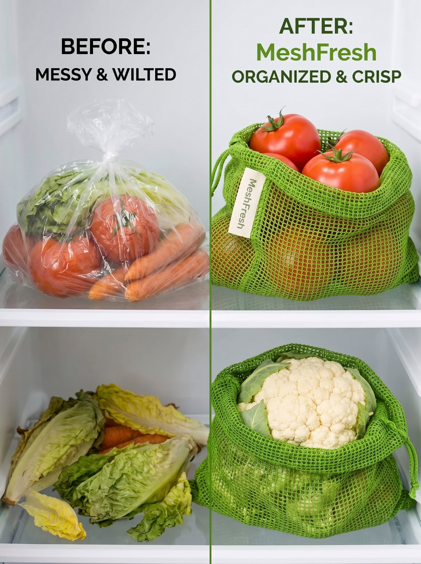 Before and after comparison: wilted vegetables in a plastic fridge drawer versus crisp produce organized in MeshFresh cotton mesh bags