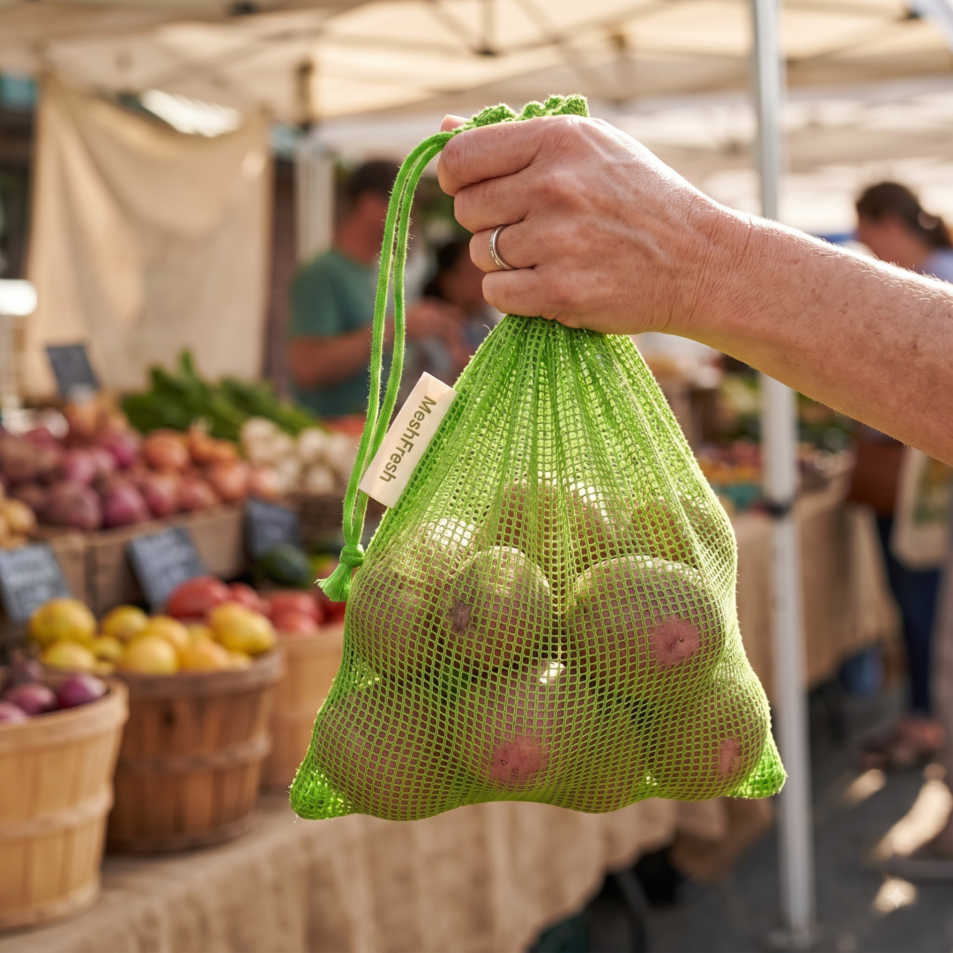 Hand holding a MeshFresh mesh bag full of potatoes at a farmers market