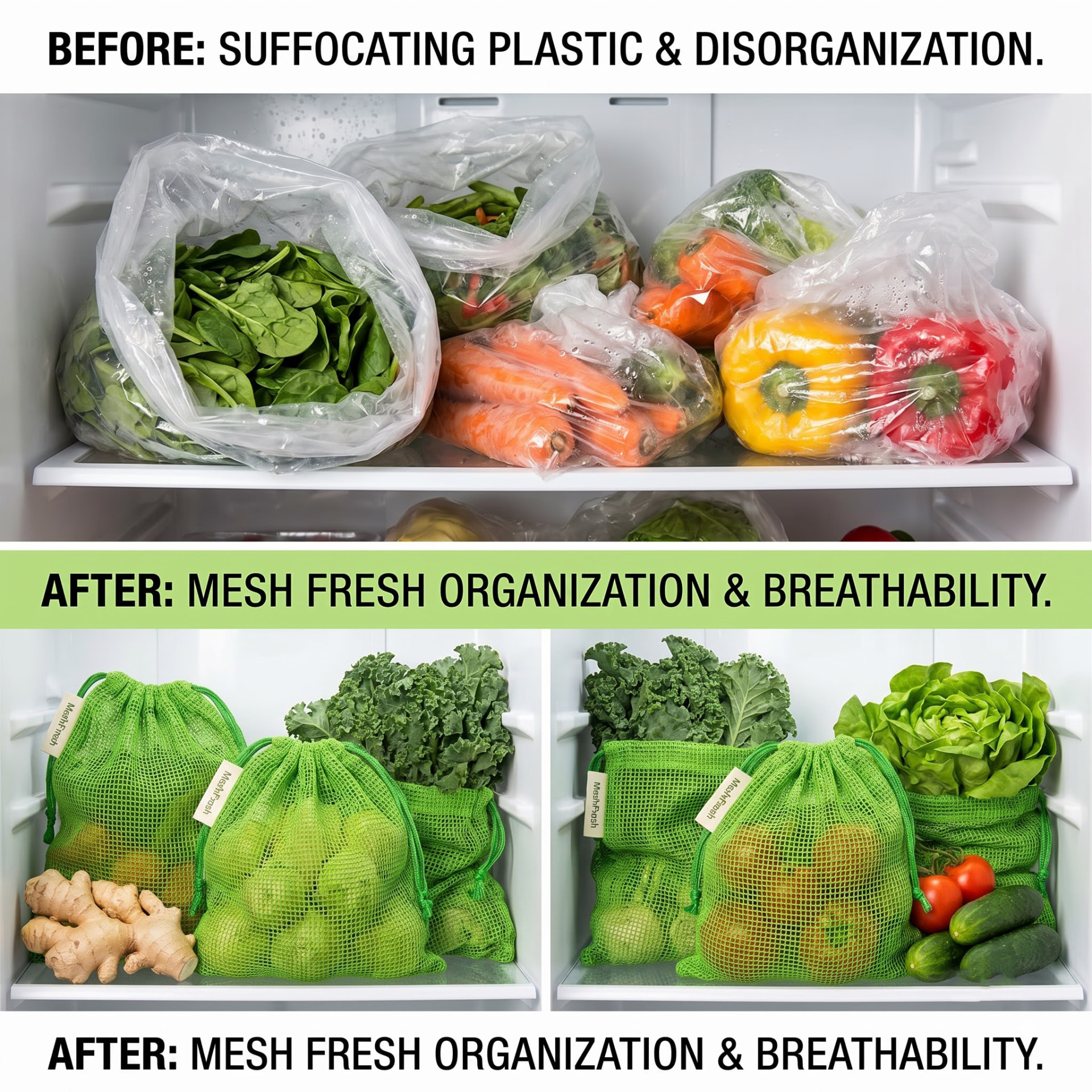 Before and after comparison of fridge shelves with plastic bags versus MeshFresh mesh bags