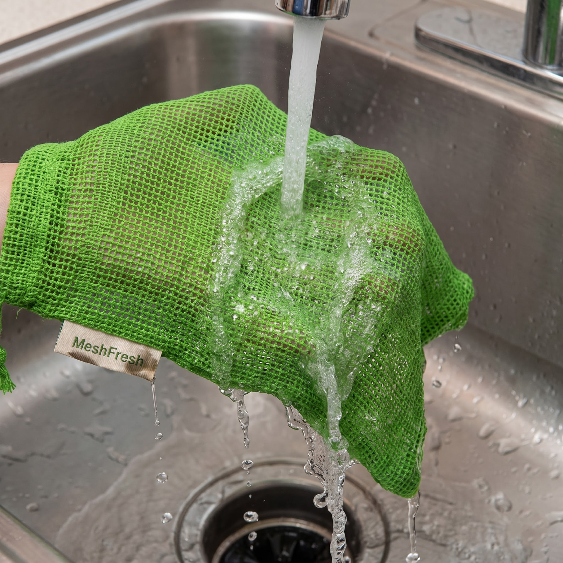 A MeshFresh cotton mesh bag being rinsed under a kitchen tap