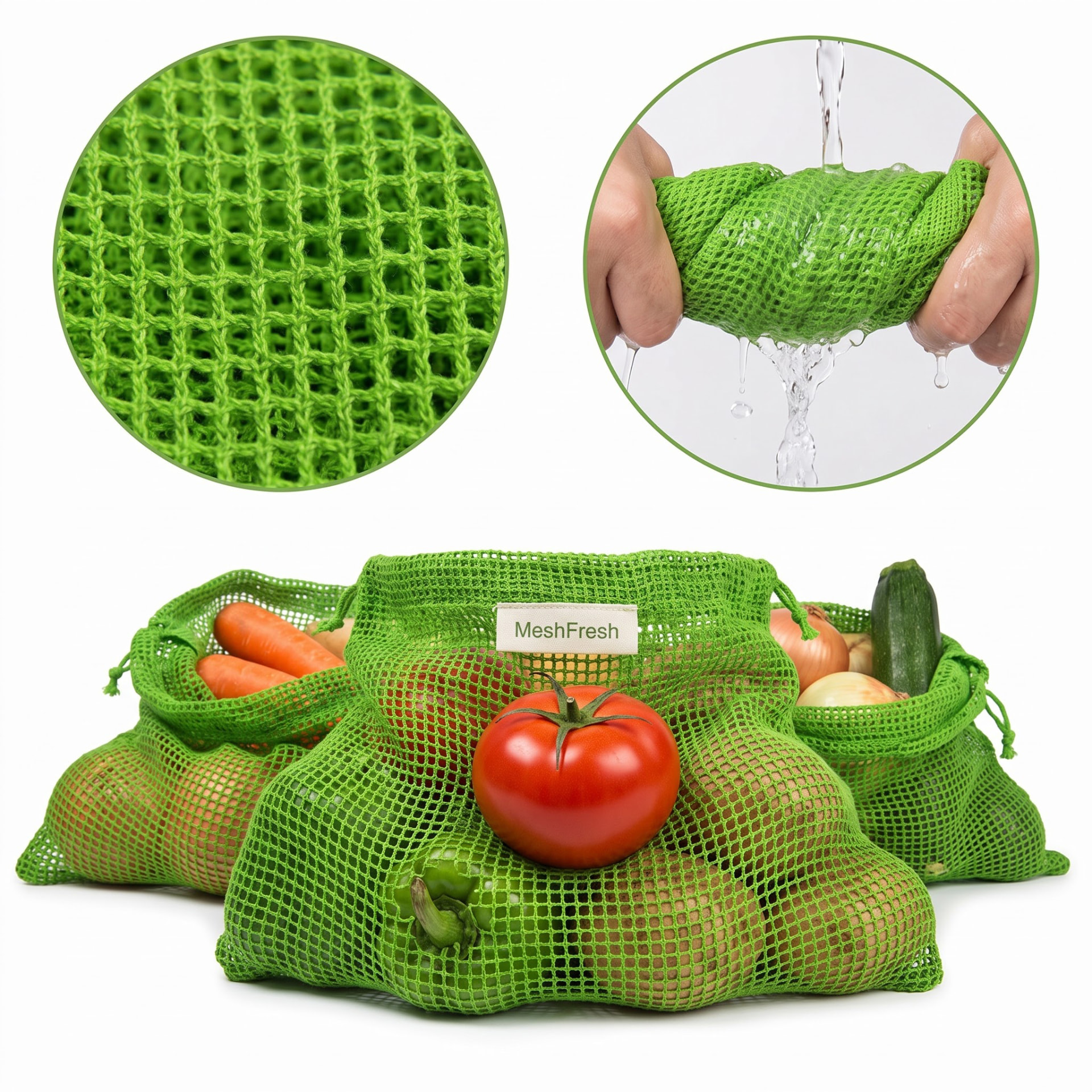MeshFresh cotton mesh bags filled with tomatoes, carrots, onions and zucchini