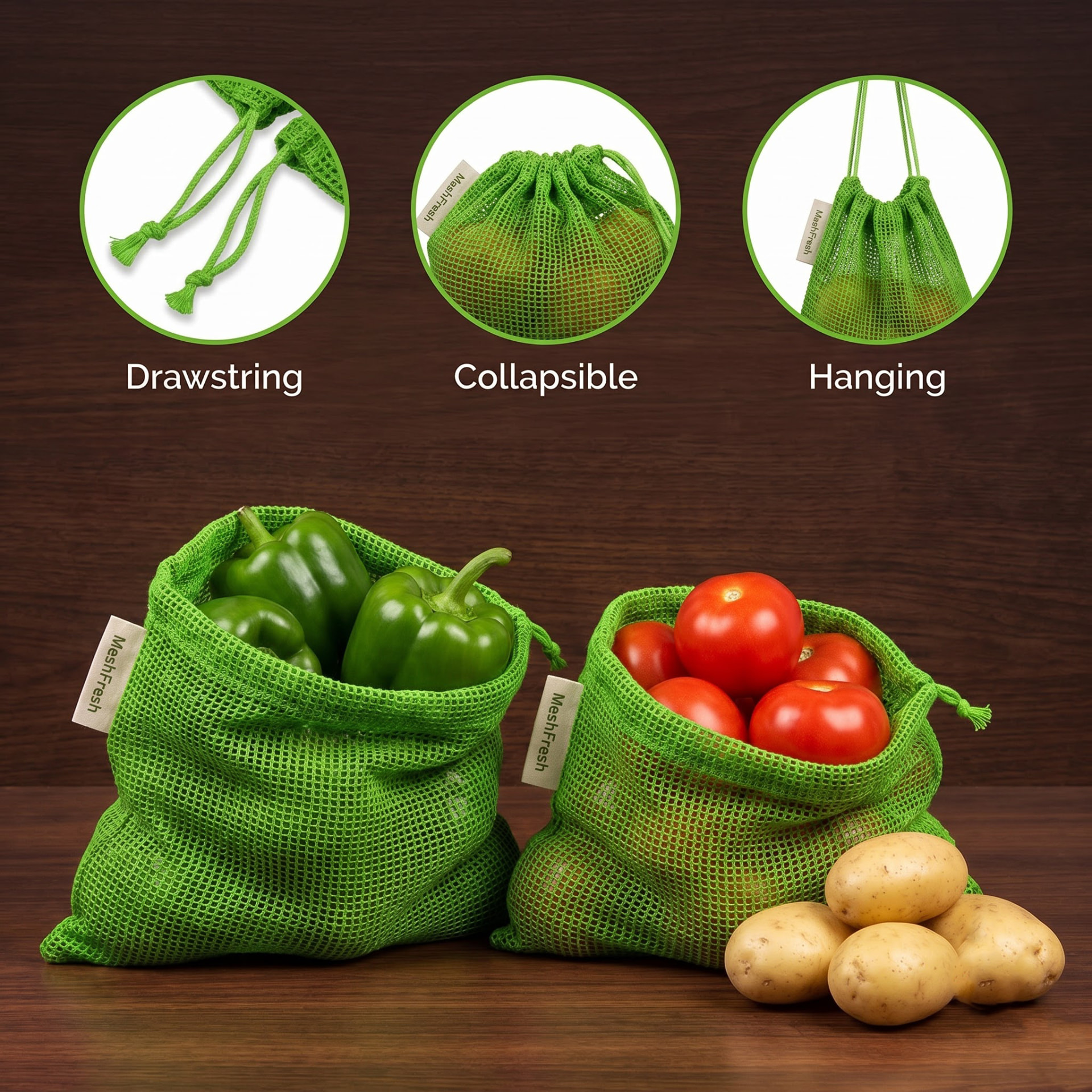 MeshFresh bags showing drawstring, collapsible and hanging features with peppers and tomatoes