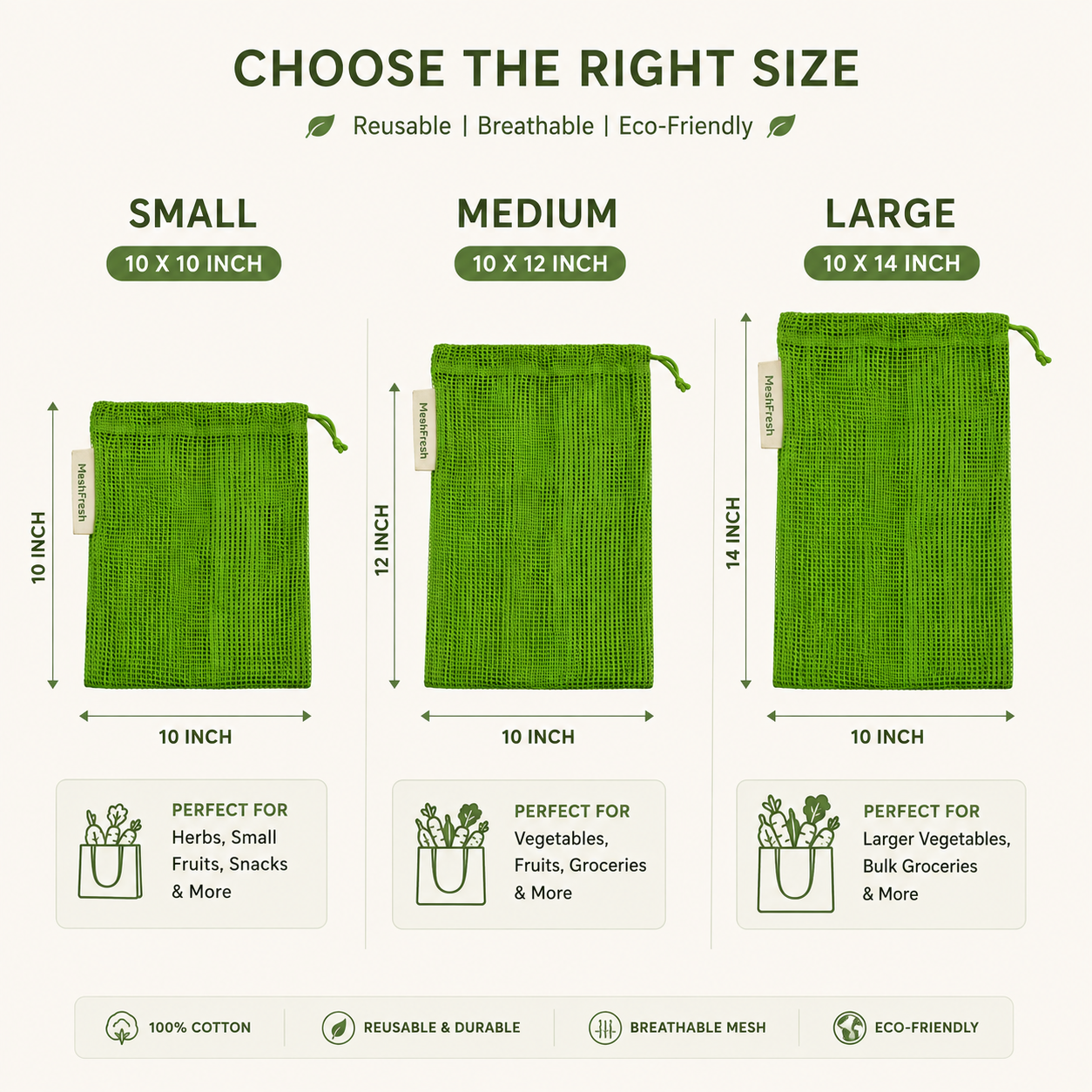 MeshFresh size guide showing small 10x10, medium 10x12 and large 10x14 inch cotton mesh bags
